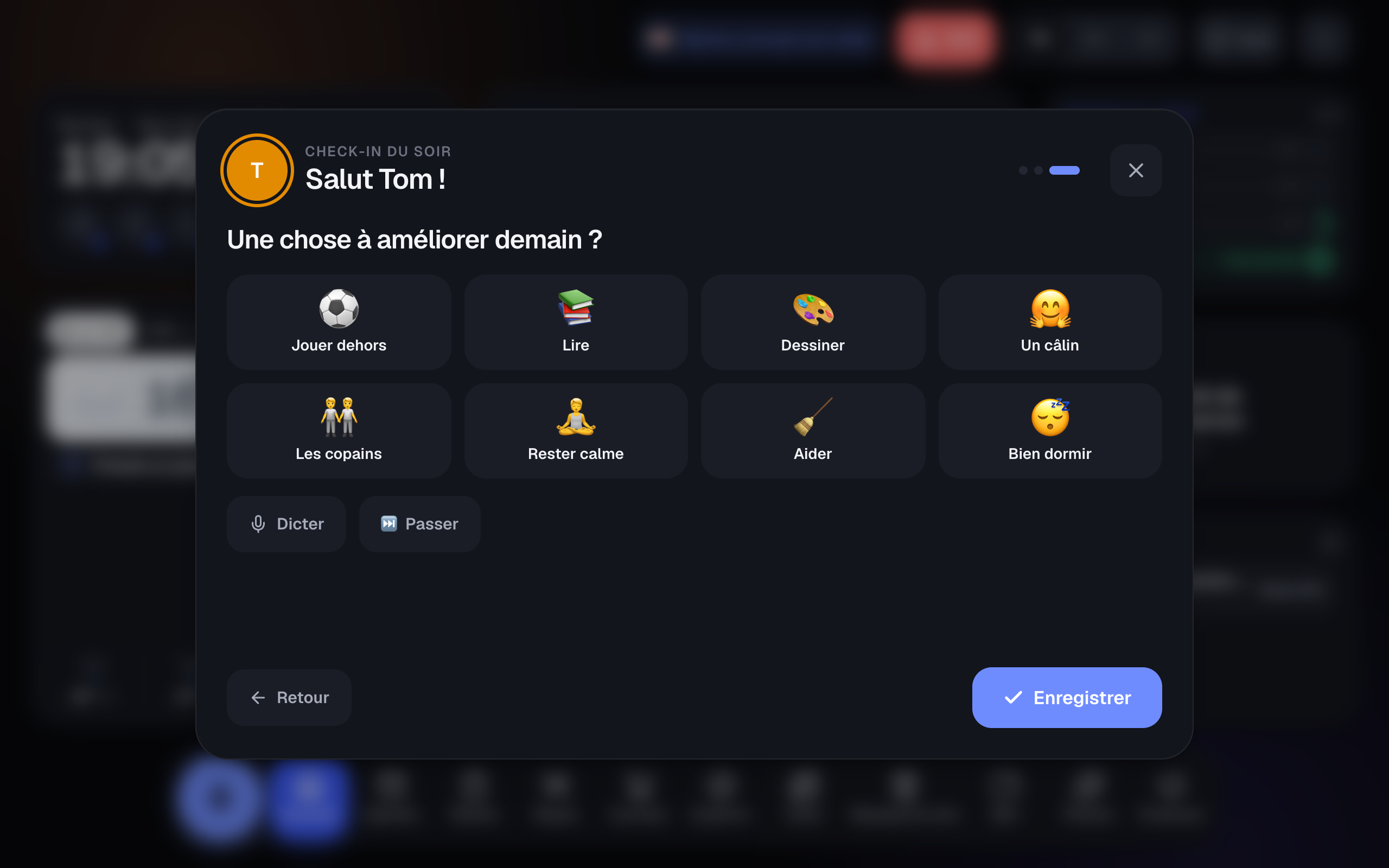 Le check-in du matin de Tom : son humeur, puis ses tâches