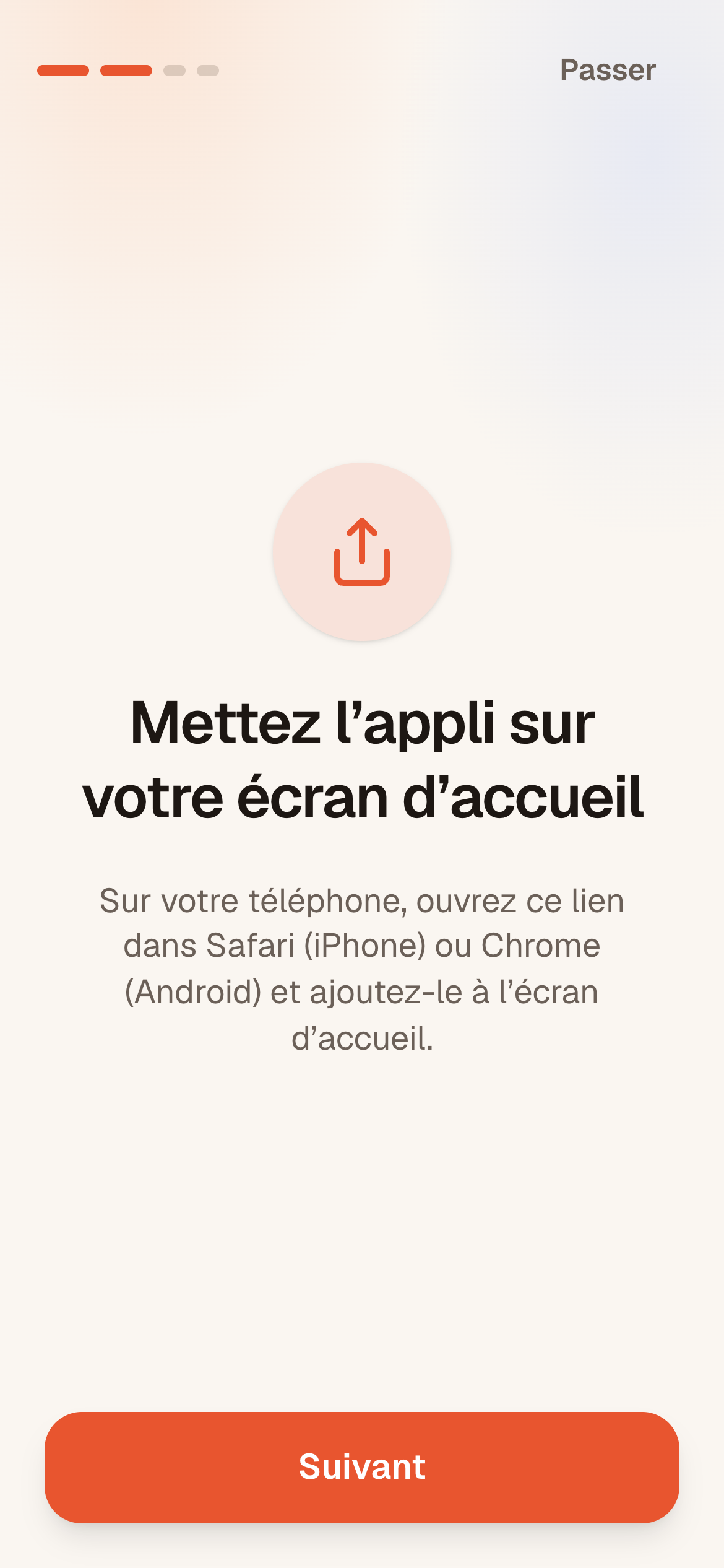 Deuxième écran de bienvenue : garder l'icône sur l'écran d'accueil, activer les notifications