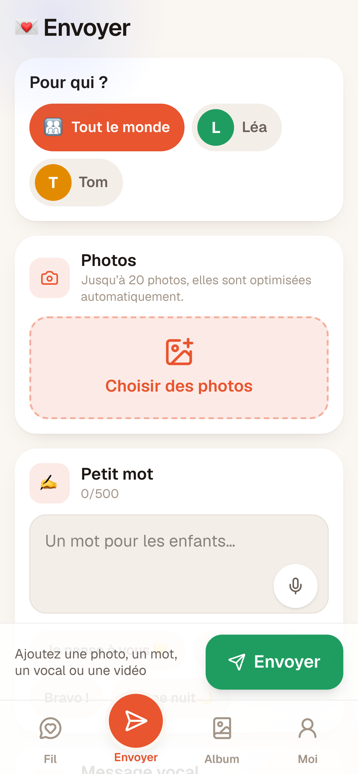 Envoyer depuis votre téléphone : photos, mot, vocal, vidéo