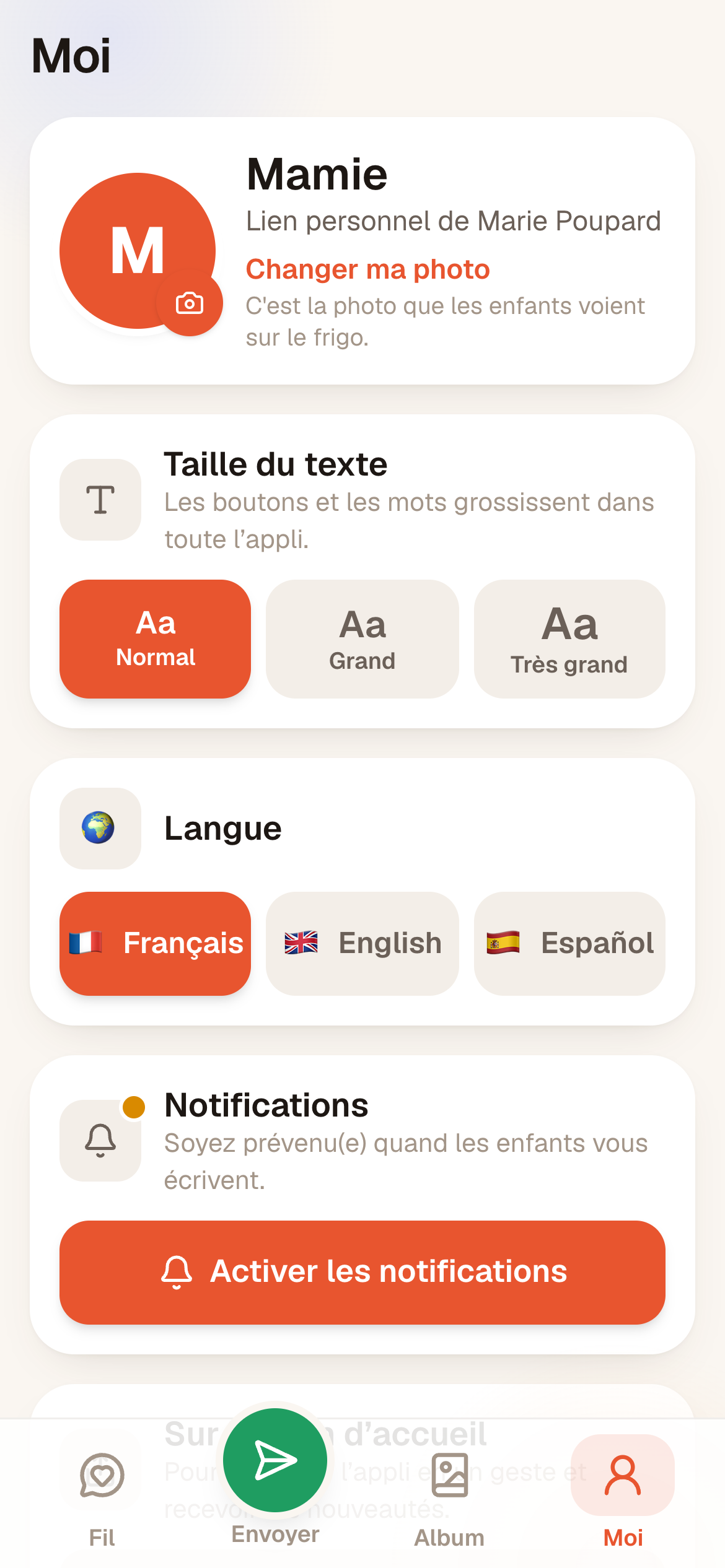 Moi : taille du texte, langue, notifications