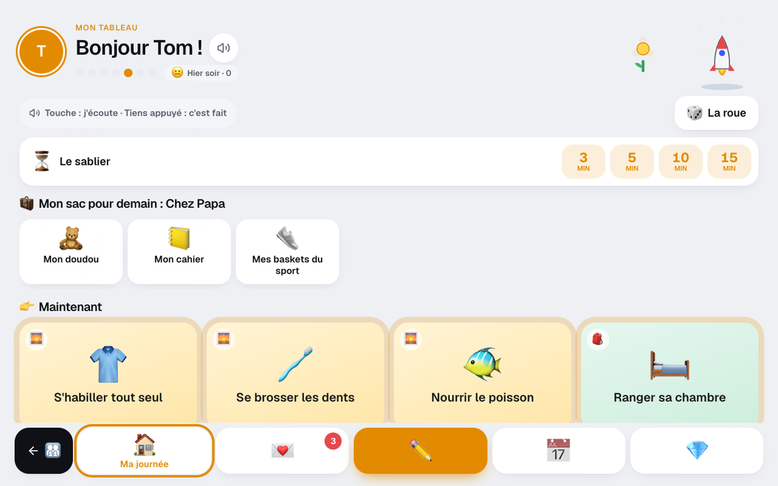 Le tableau de Tom la veille du départ : « Mon sac pour demain : Chez Papa »