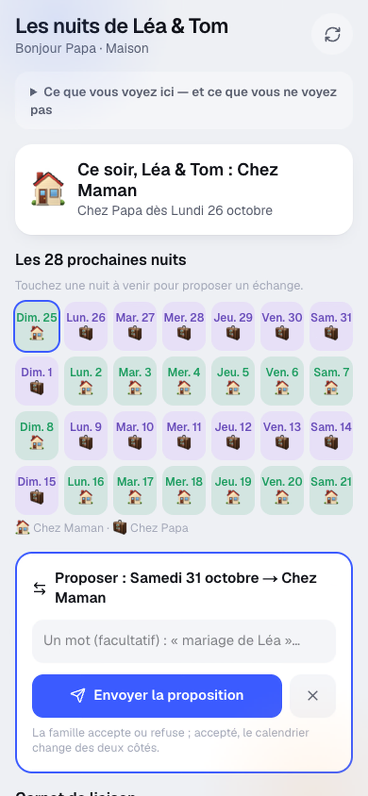 Papa propose un échange : samedi 31 octobre, Chez Maman