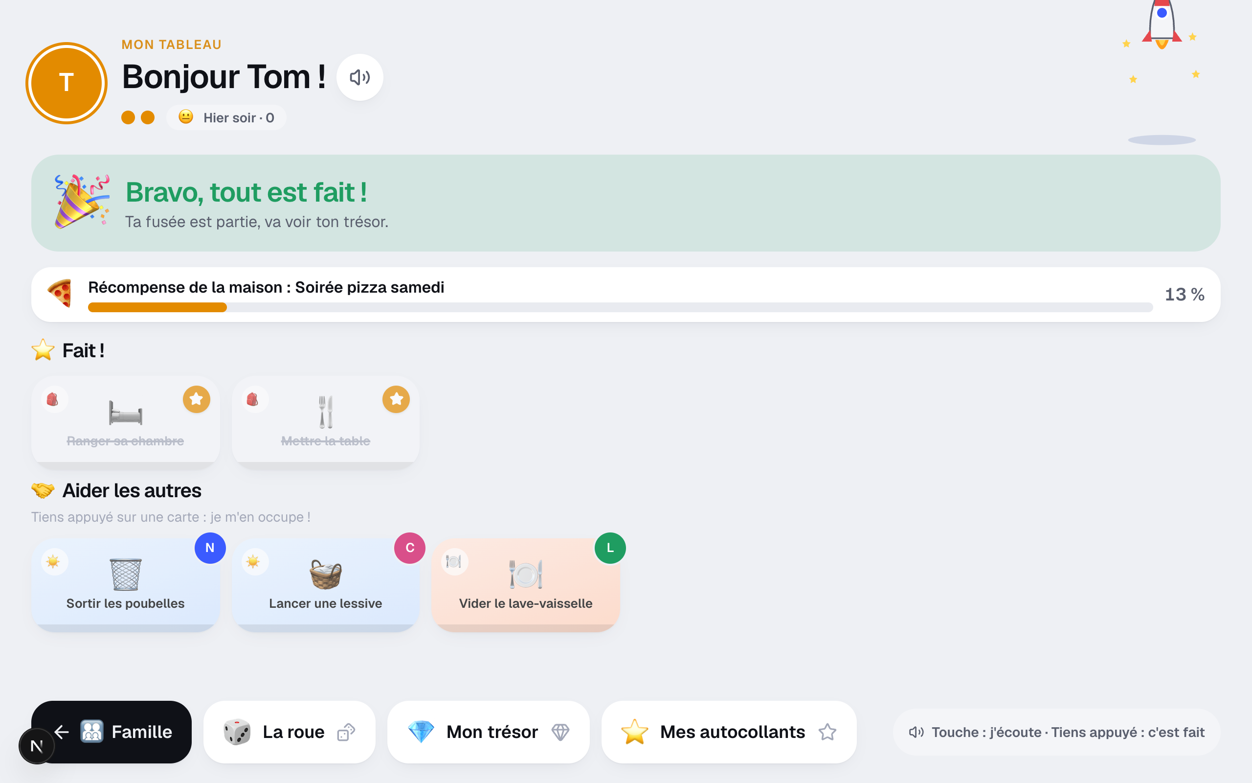 Tâche faite : confettis et fusée qui décolle sur le tableau de Tom