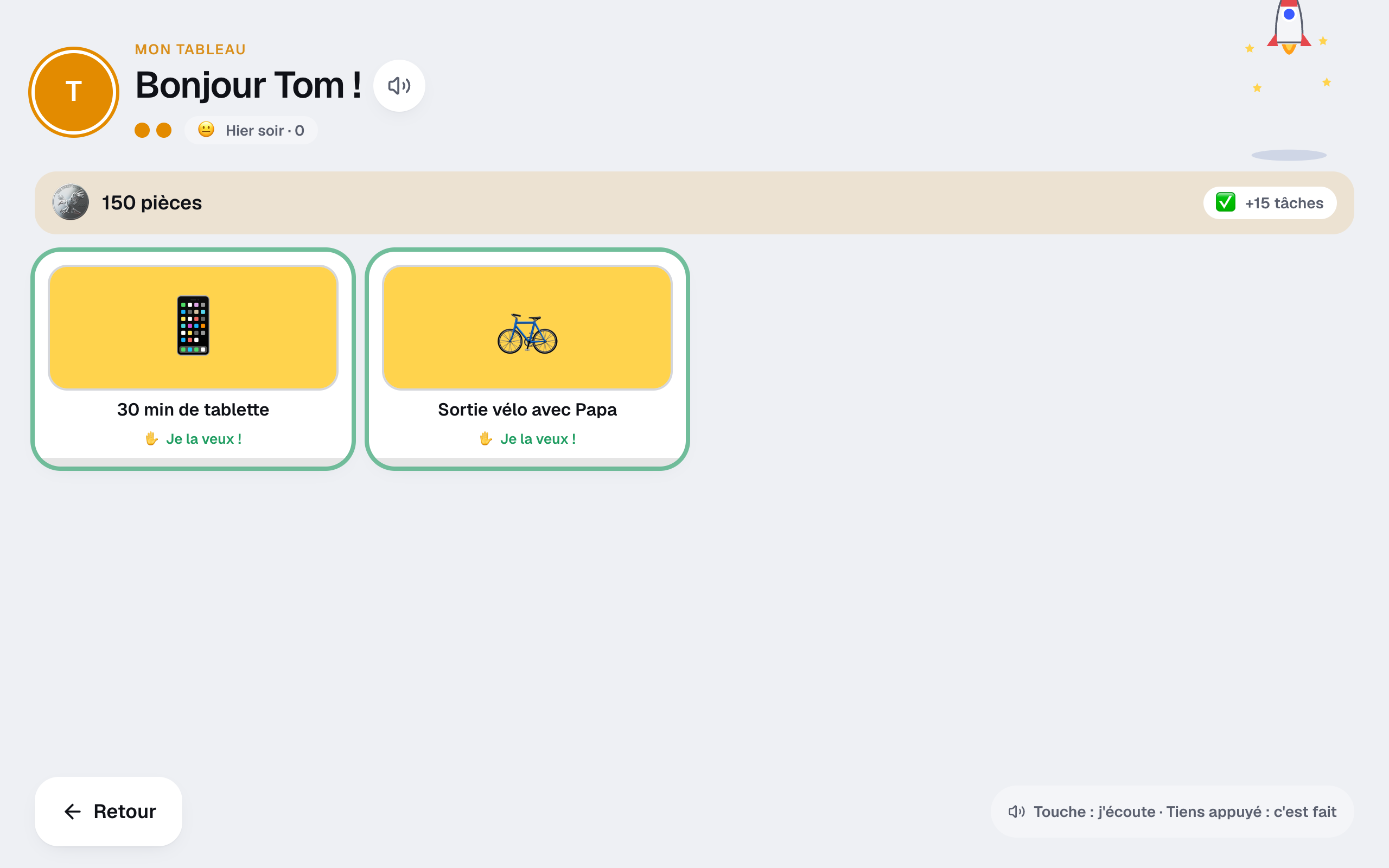 Les trésors de Tom : une sortie vélo avec Papa, choisie et gagnée avec ses points