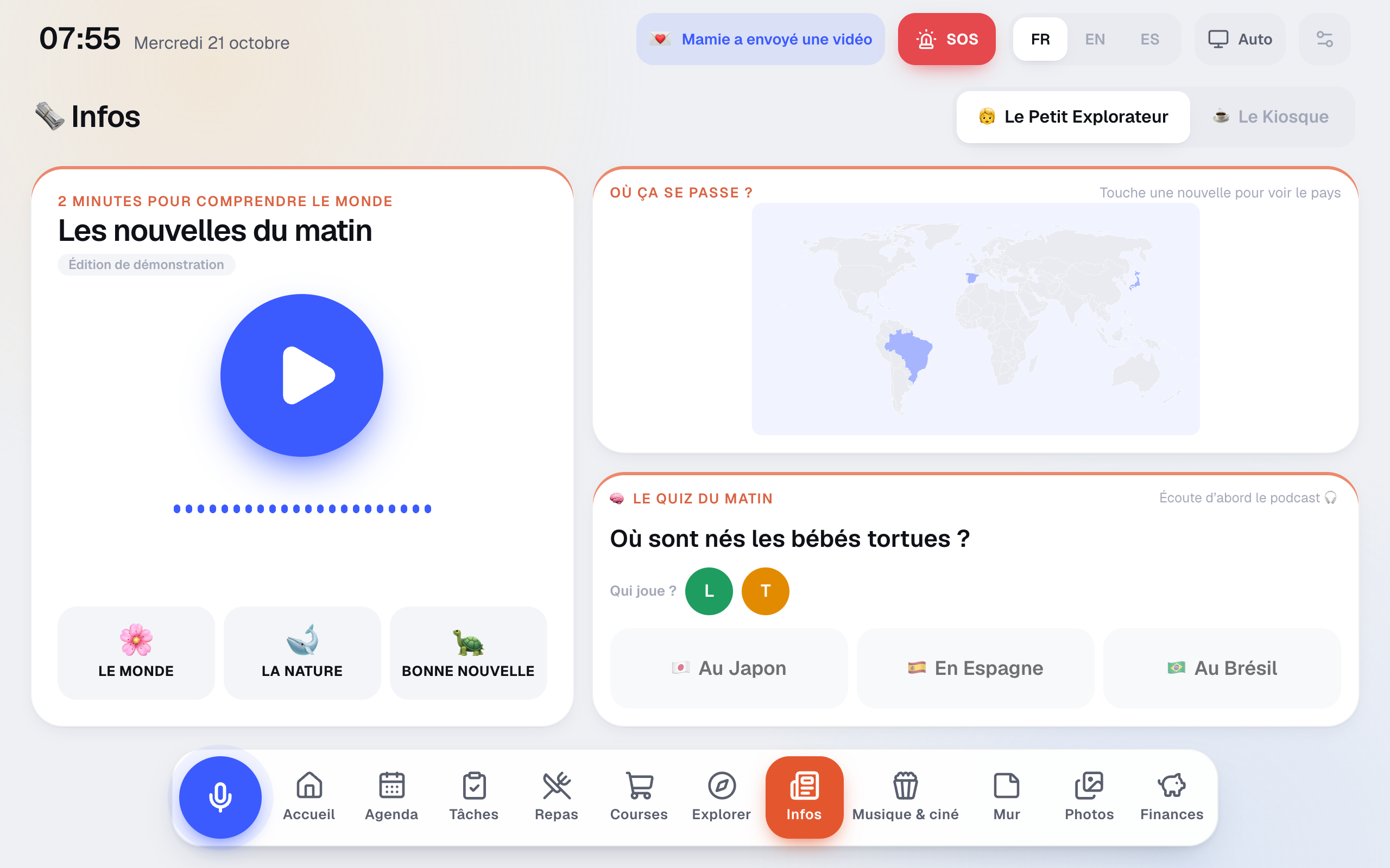 Infos : le Petit Explorateur, podcast du matin pour enfants, carte du monde, quiz