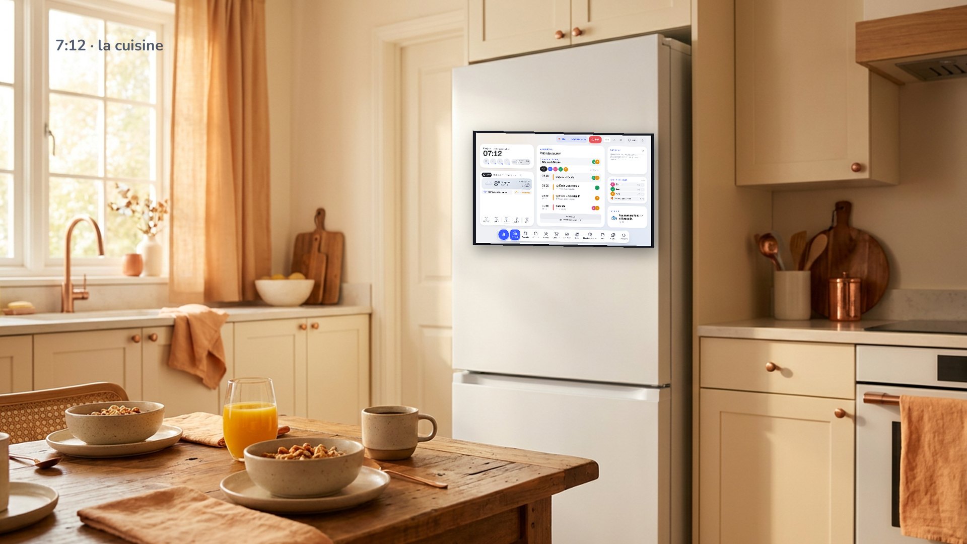 7 h 12, la cuisine : la tablette Bloomi aimantée sur le frigo affiche la journée