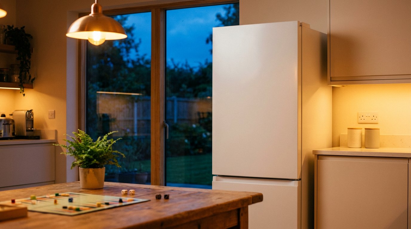 Une cuisine le soir, lumière chaude : la tablette Bloomi veille sur le frigo