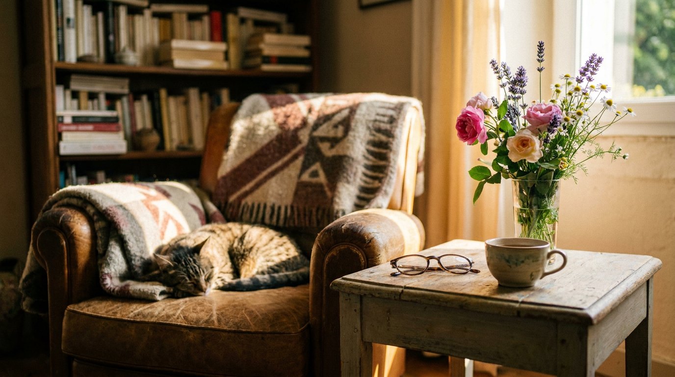 Un salon calme : fauteuil, livres, un téléphone posé sur la table basse