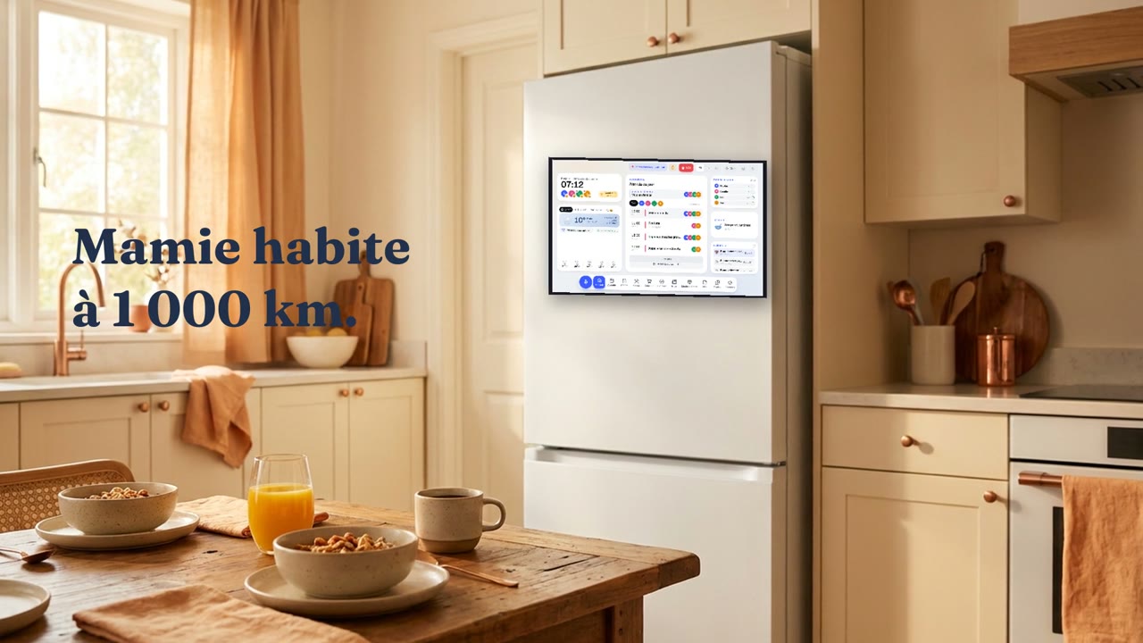 Affiche du film Bloomi : la tablette sur le frigo d'une cuisine, le matin